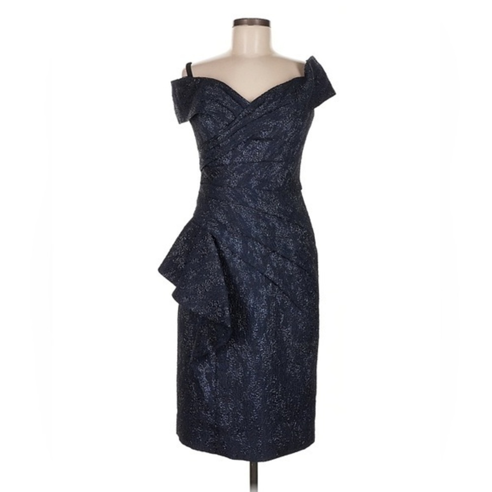 Rickie Freeman for Teri Jon Metallic Jacquard Off-Shoulder Cocktail Dress Blue 6